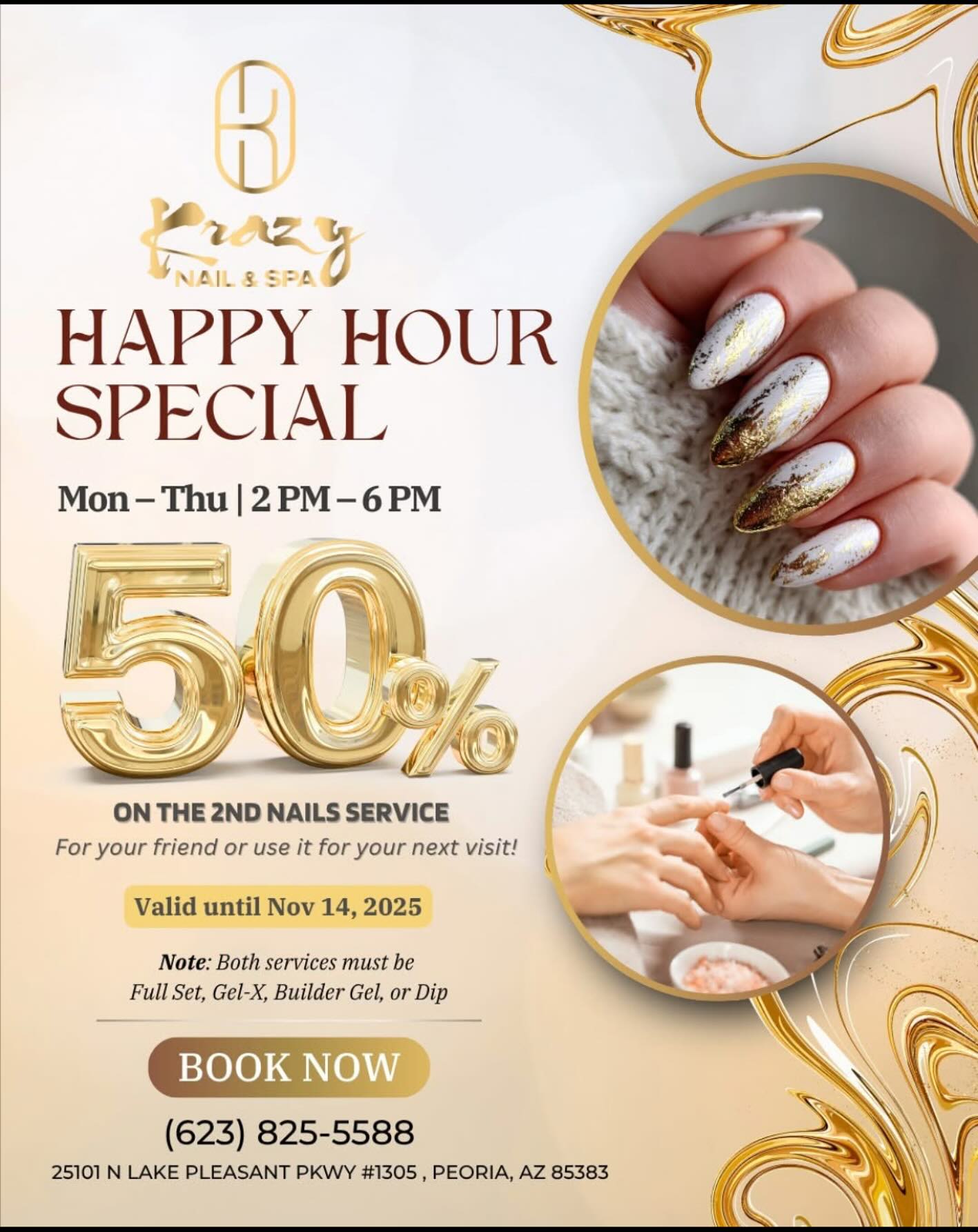Happy Hour special promotion at Krazy Nail & Spa - 50% off 2nd service